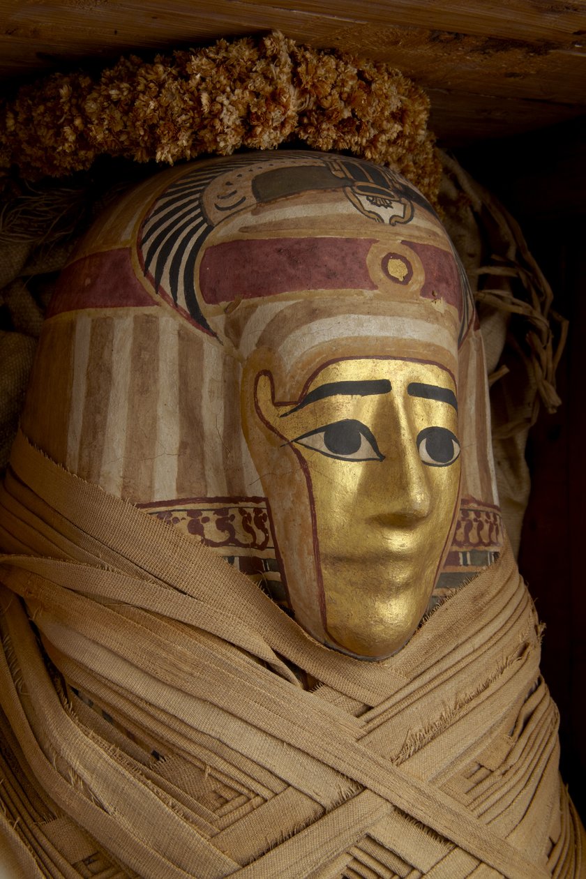 Ptolemaïsche kist, mummie met vergulde masker en bloemenkransen door Roman Period Egyptian