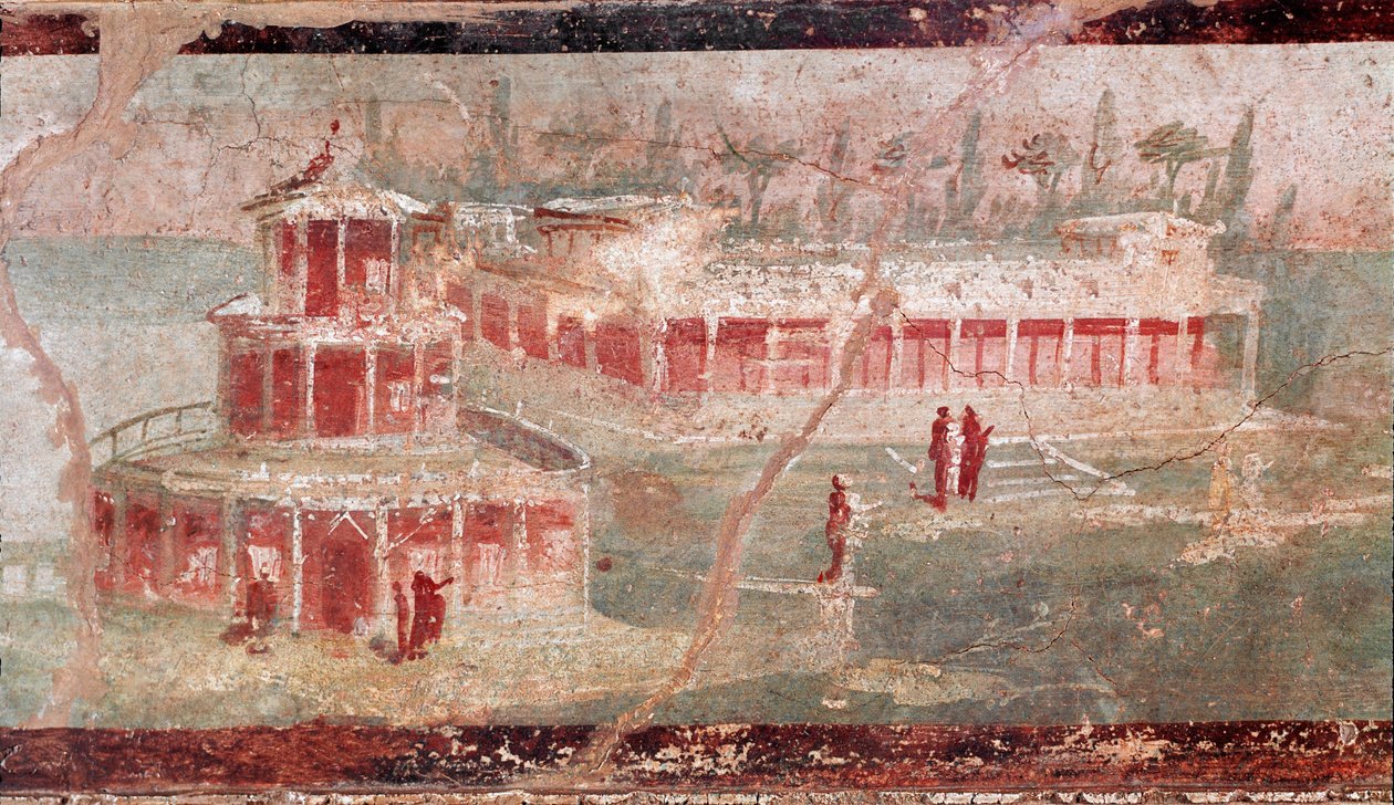 Rivierlandschap met portiek (detail) door Roman
