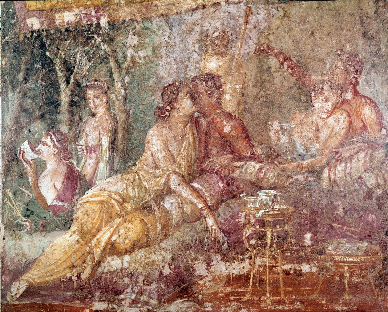 Triclinium, kussend paar (fresco) door Roman