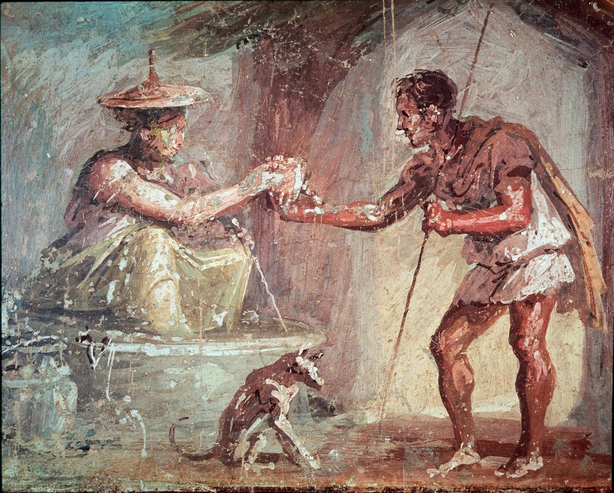 Vrouw biedt een zwerver drinken aan (fresco) door Roman