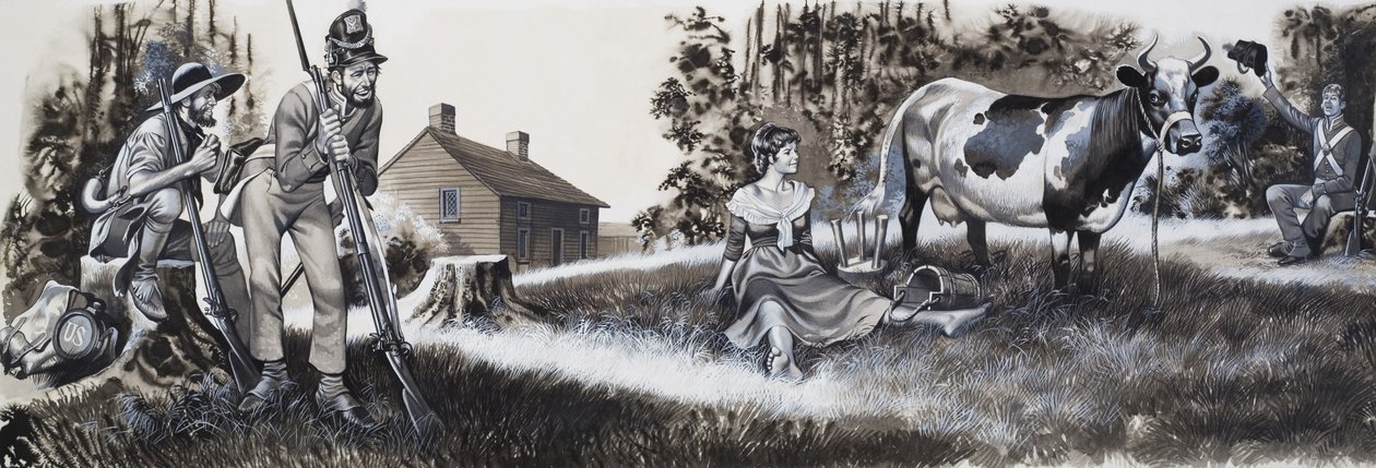 Melkmeisje met soldaten (gouache op papier) door Ron Embleton