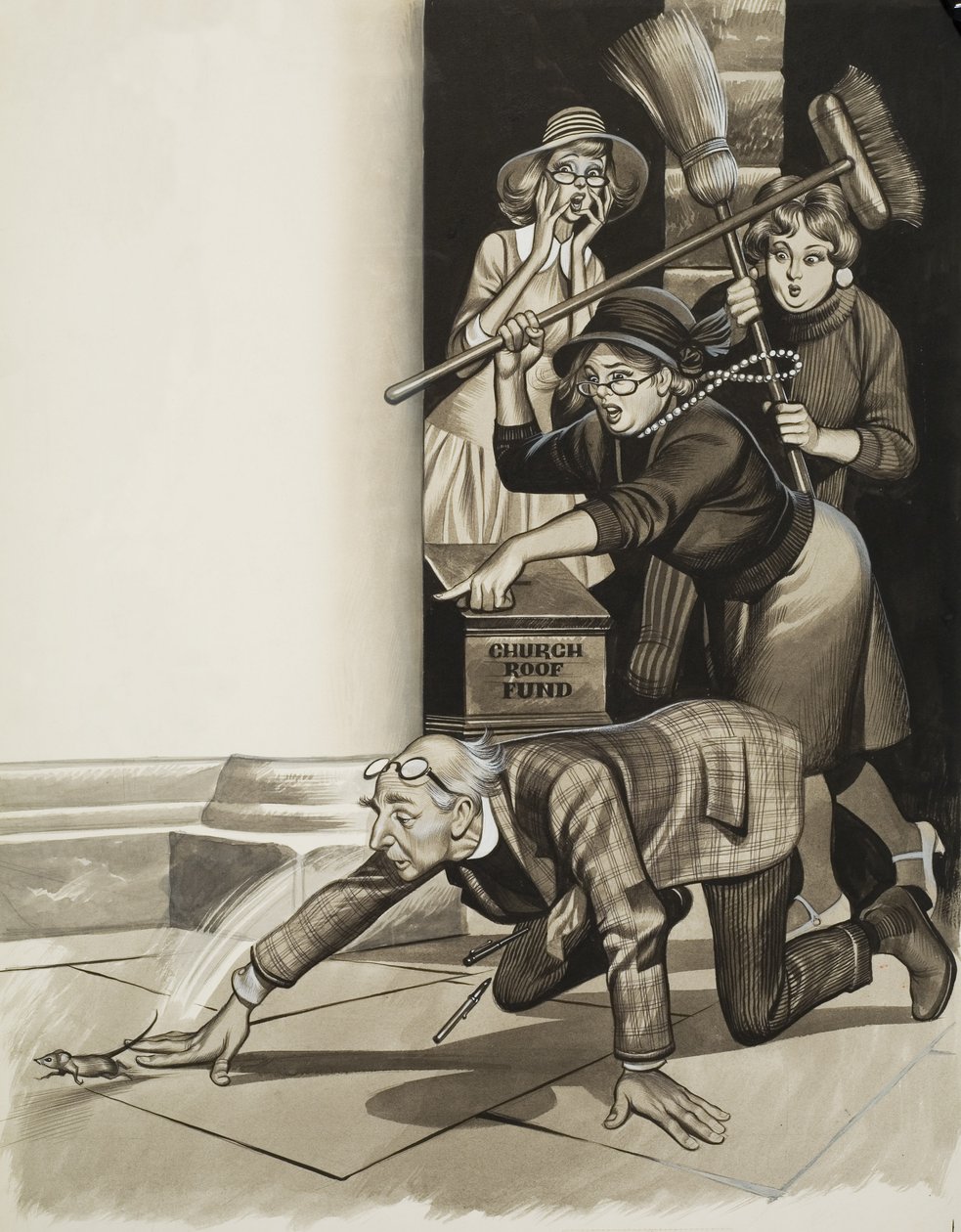 Dominee en vrouwen (gouache op papier) door Ron Embleton