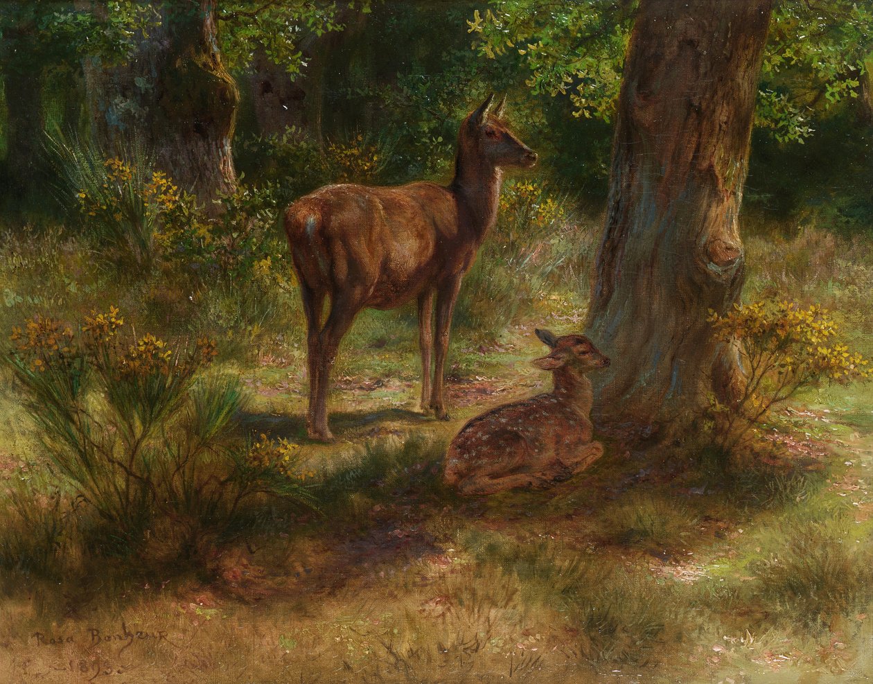 Herten en hertenkalf in een bos door Rosa Bonheur