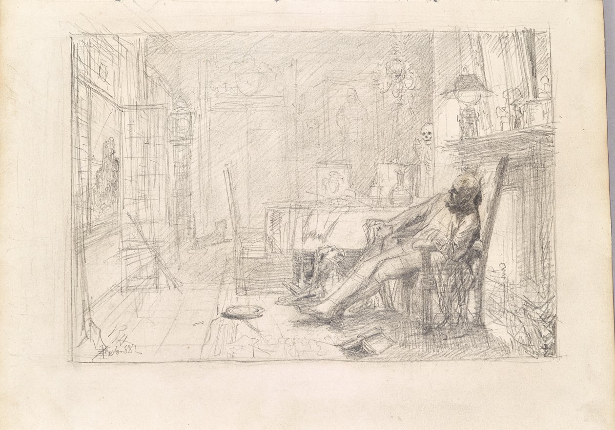 Man in leunstoel en dood door deur door Rudolf Hausleithner