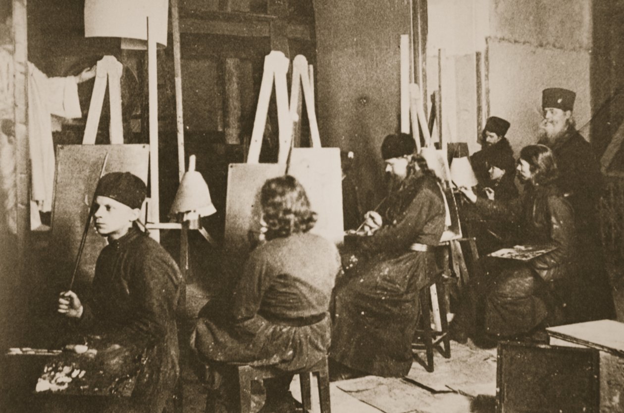 Icoon schilderen in het Valamo-klooster aan het Ladogameer, c.1885 door Russian Photographer
