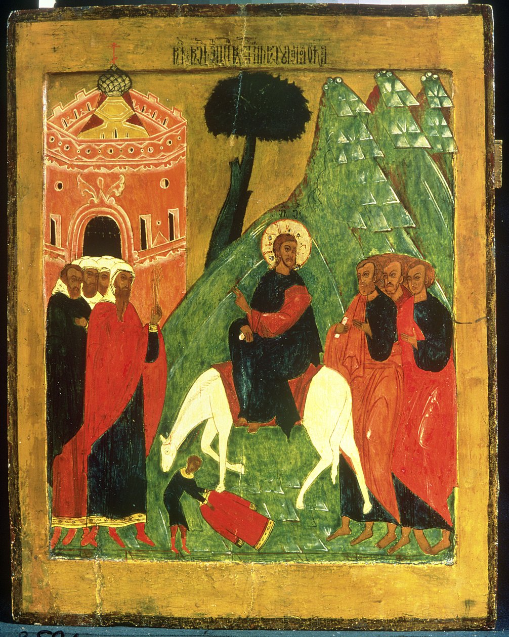 Icoon die de intocht van Christus in Jeruzalem toont door Russian School
