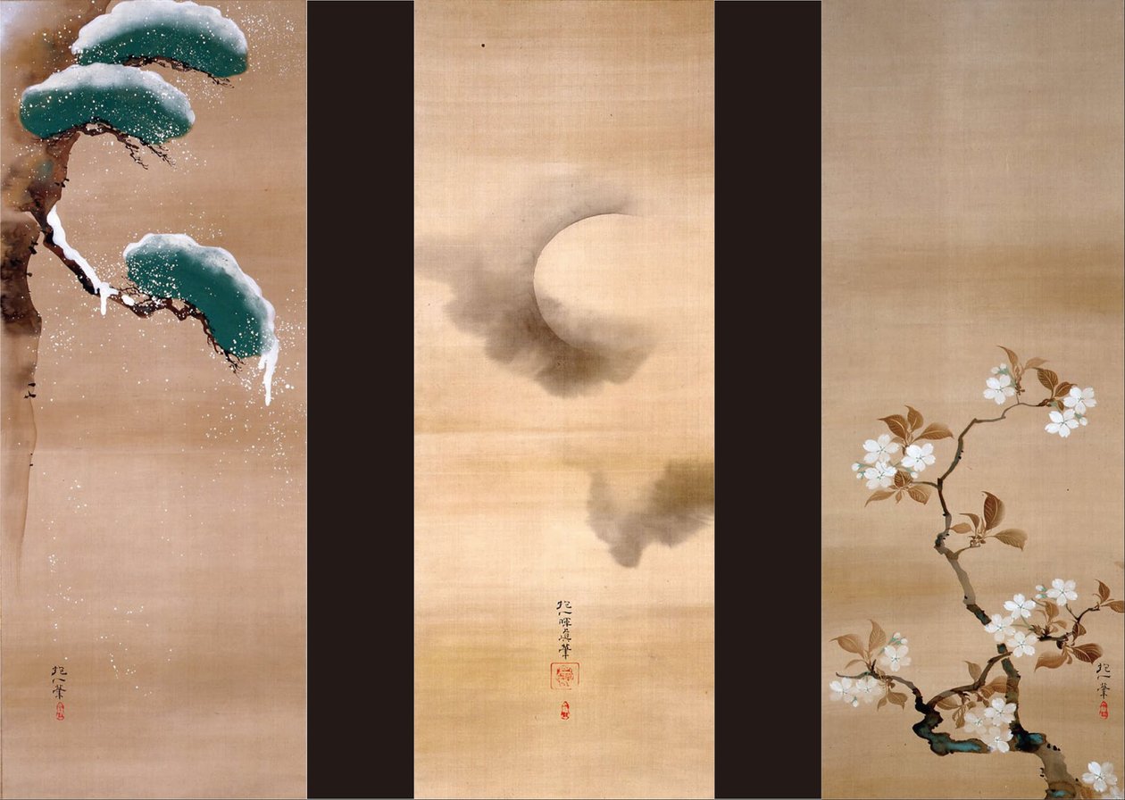 Sneeuw, maan en bloemen door Sakai Hoitsu