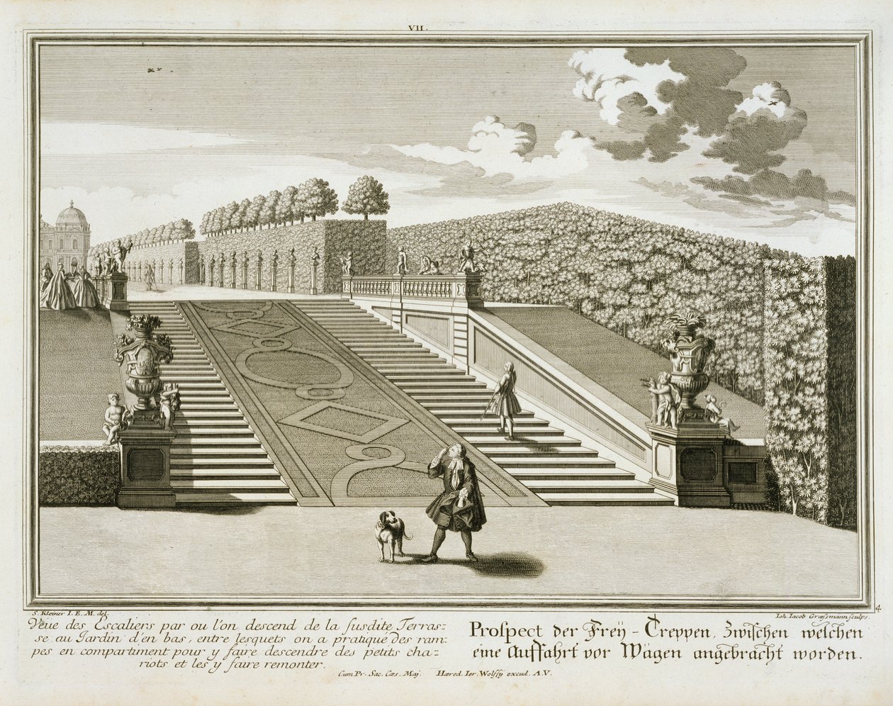 Trappen naar het tuin terras, Belvedere Paleis, Wenen, gegraveerd door Johann Jacob Grossmann, gepubliceerd c.1730-40 door Salomon Kleiner