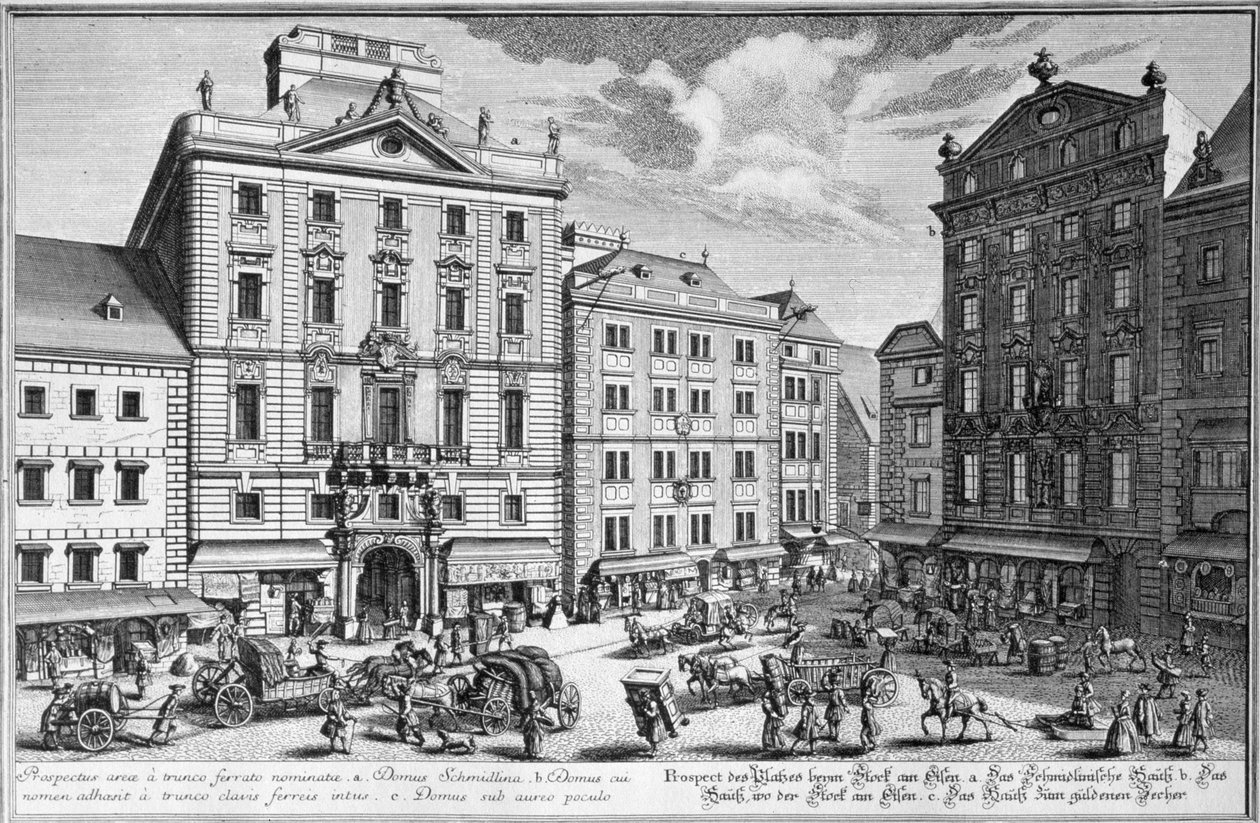 Uitzicht op Stock-im-Eisen-Platz, Wenen, gegraveerd door Karl Remshard (1678-1735) door Salomon Kleiner