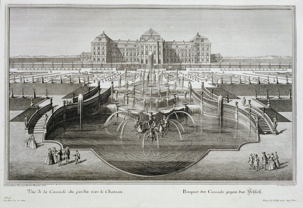 Weissenstein, uitzicht op het kasteel vanaf de barokke cascade, gegraveerd door Georg-Daniel Heumann, gepubliceerd 1728 door Salomon Kleiner