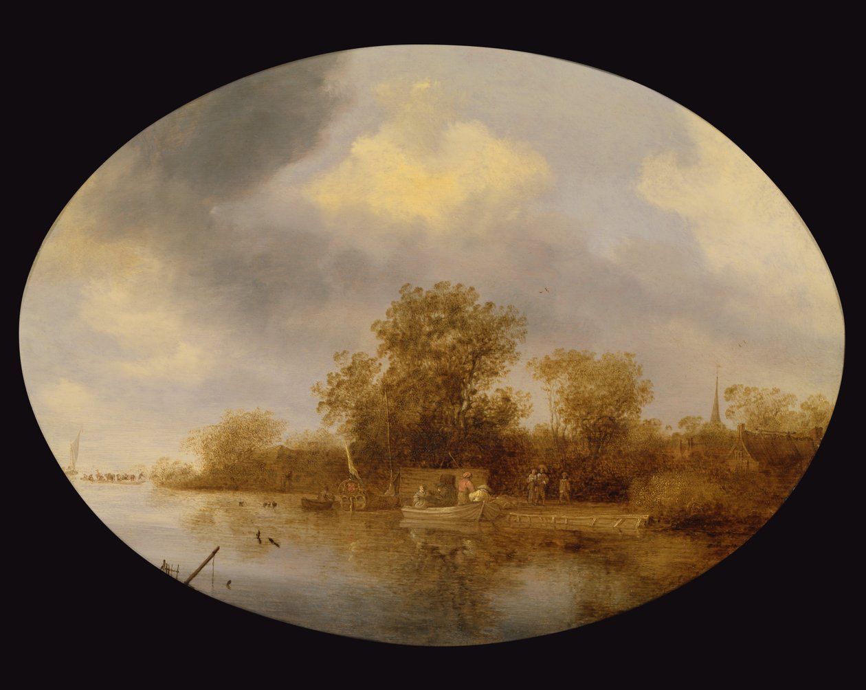 Rivierlandschap met mannen die kreeftenpotten lossen door Salomon van Ruisdael or Ruysdael