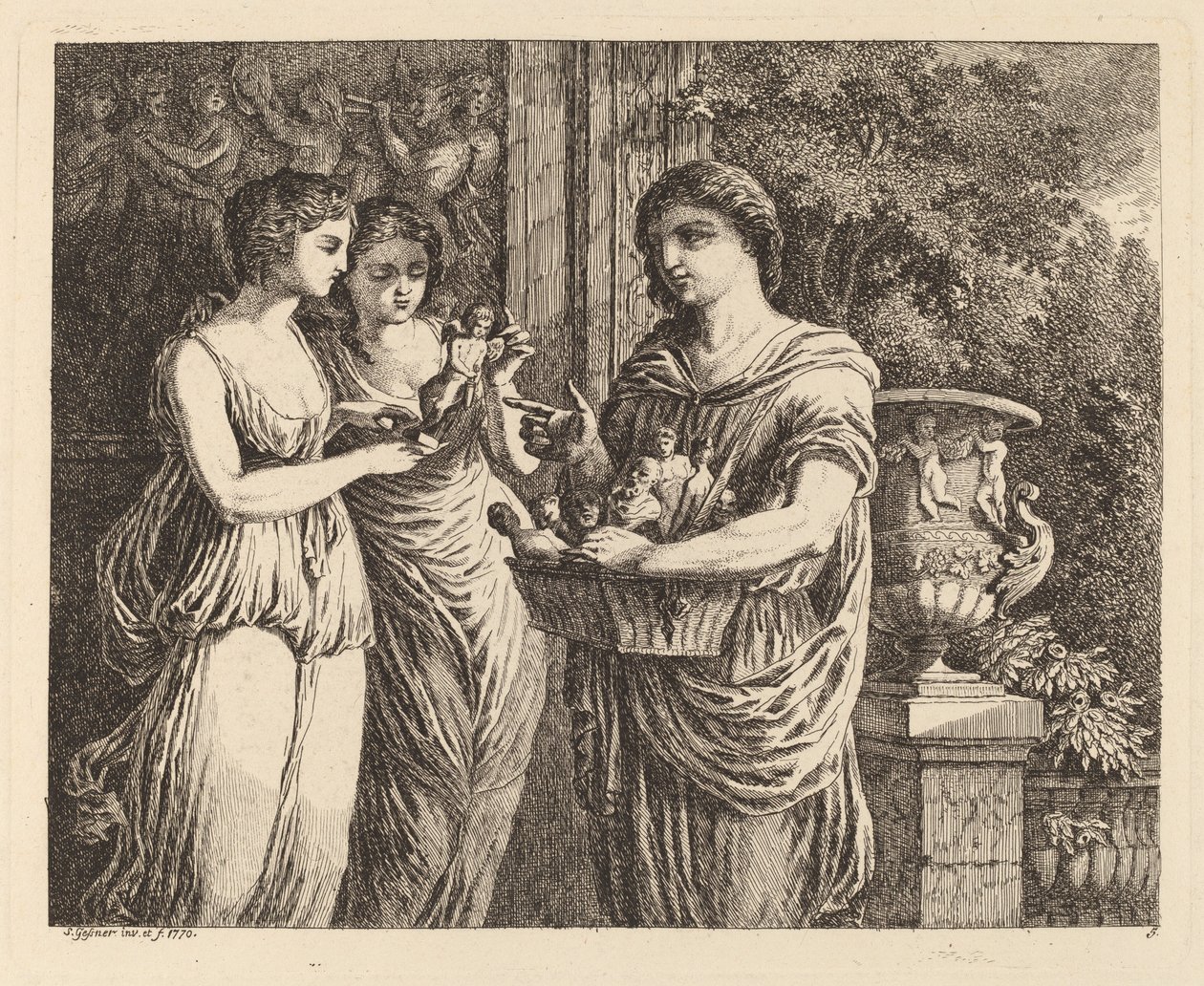 Beeldjesverkoper met twee meisjes door Salomon Gessner