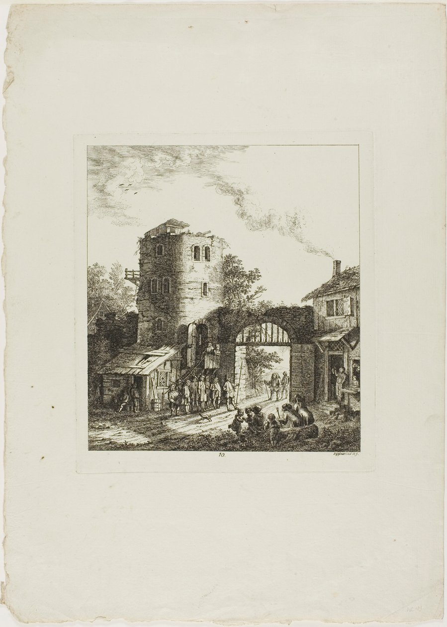 Processie door een rustieke poort door Salomon Gessner