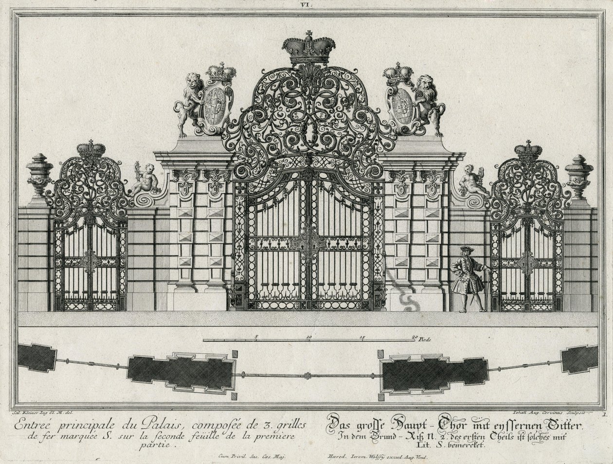 Plattegrond en gevel van de hoofdingangspoort door Salomon Kleiner
