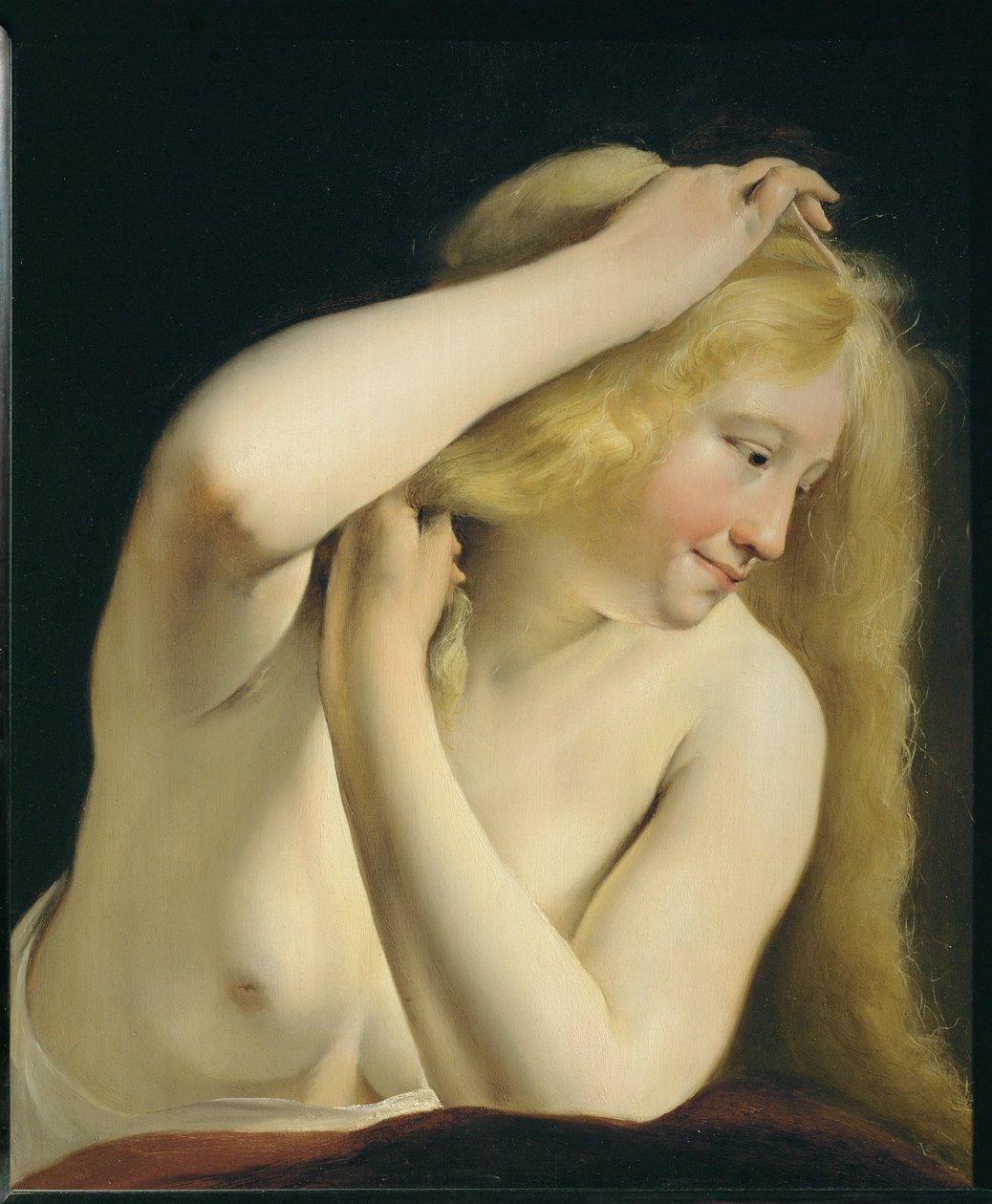 Jonge vrouw kamt haar haar ... door Salomon de Bray