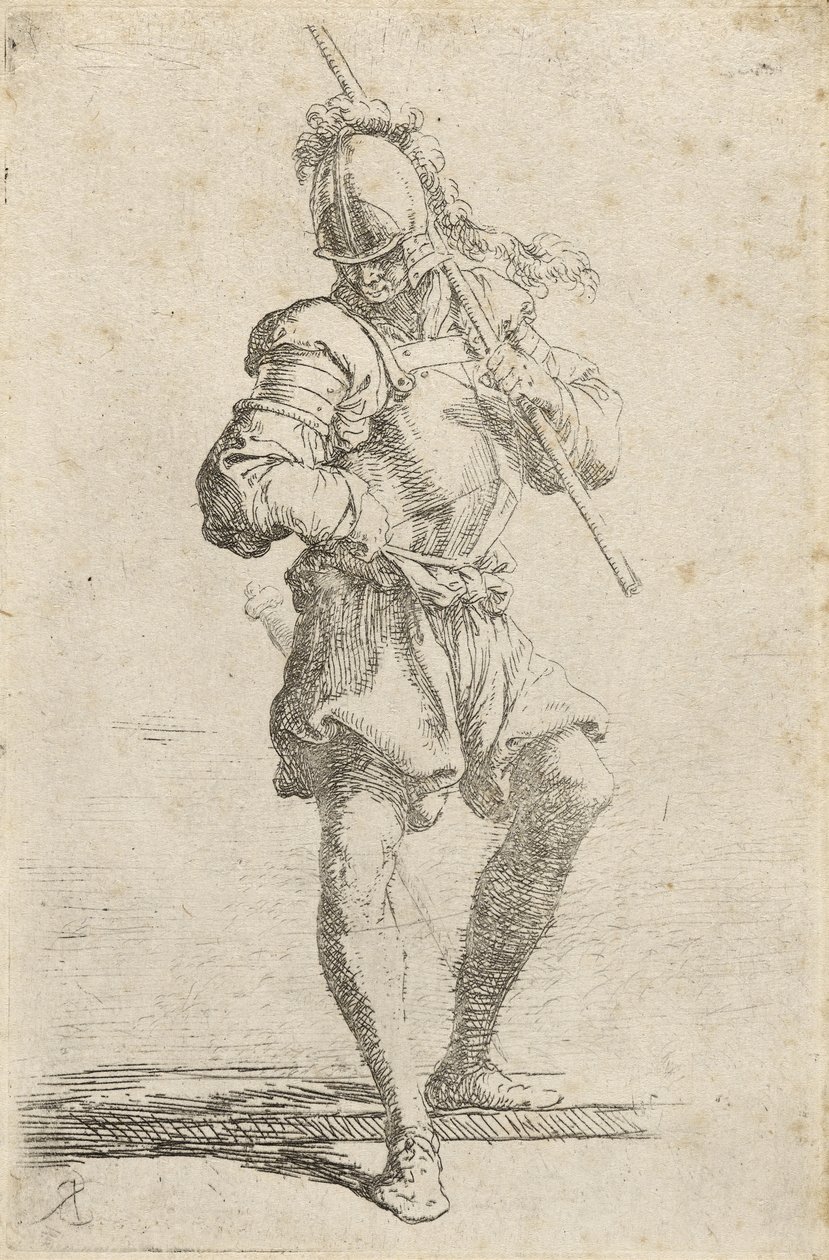 Een krijger, met een staf over zijn schouder door Salvator Rosa