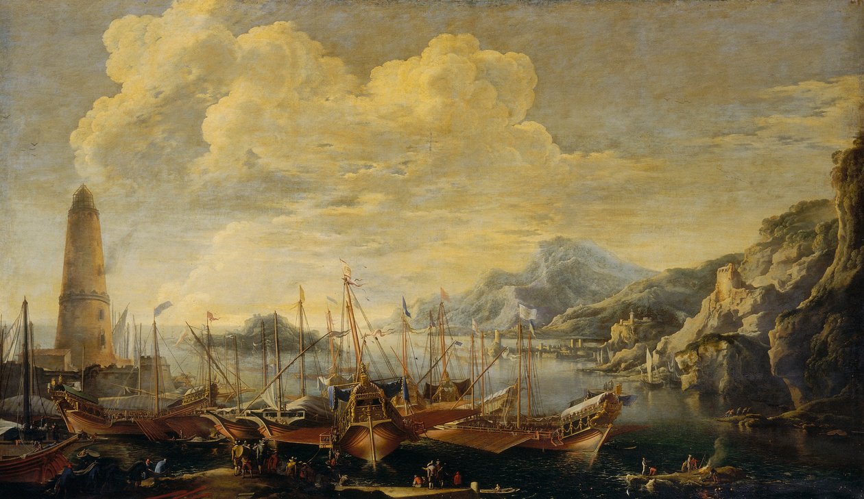 Zeegezicht met vuurtoren door Salvator Rosa