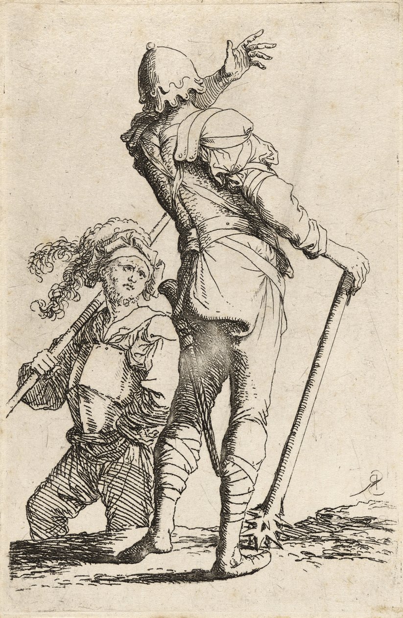Twee krijgers, een met een knots en de ander wenkend door Salvator Rosa