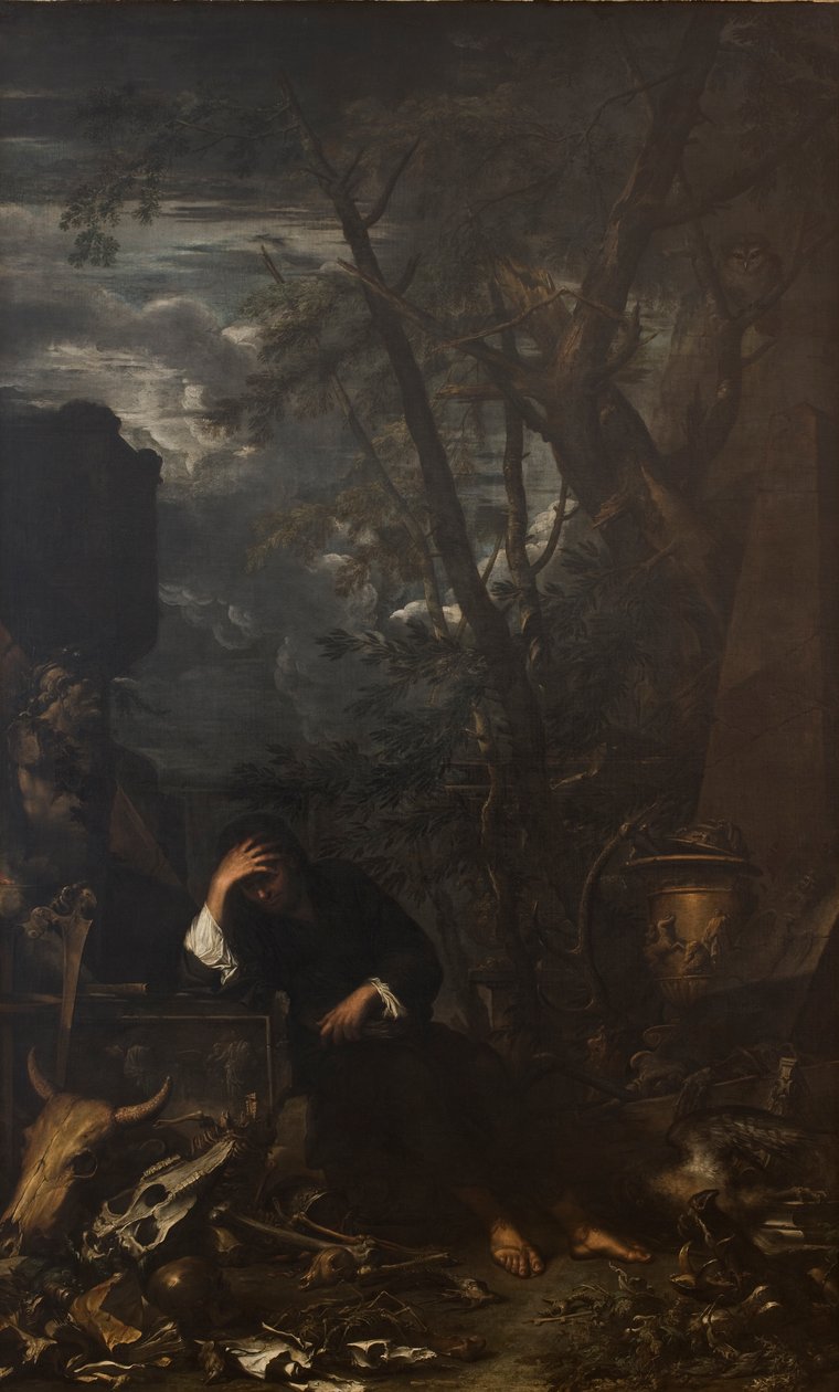 Demokritus in meditatie door Salvator Rosa