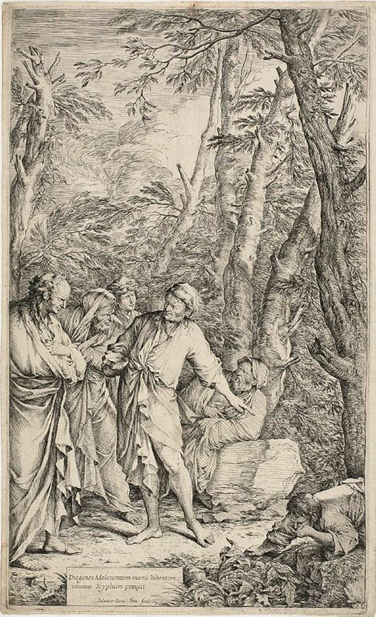 Diogenes gooit zijn kom weg door Salvator Rosa