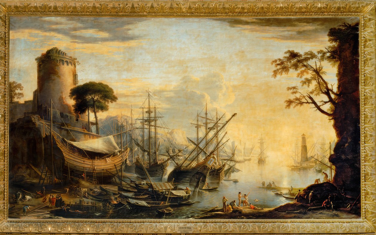 Zeehaven bij zonsondergang door Salvator Rosa