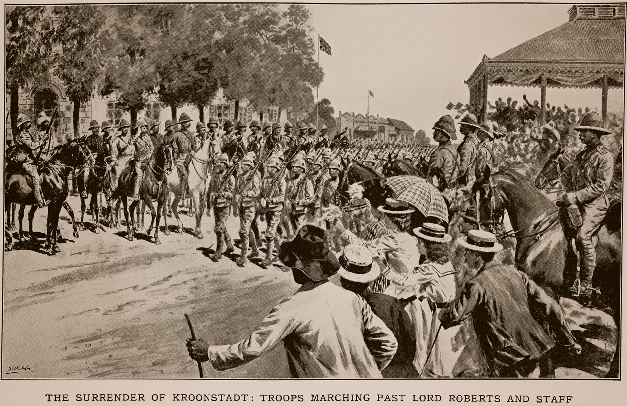 De overgave van Kroonstadt: Troepen marcheren langs Lord Roberts en staf, naar een schets van Melton Prior (1845-1910) door Samuel Begg