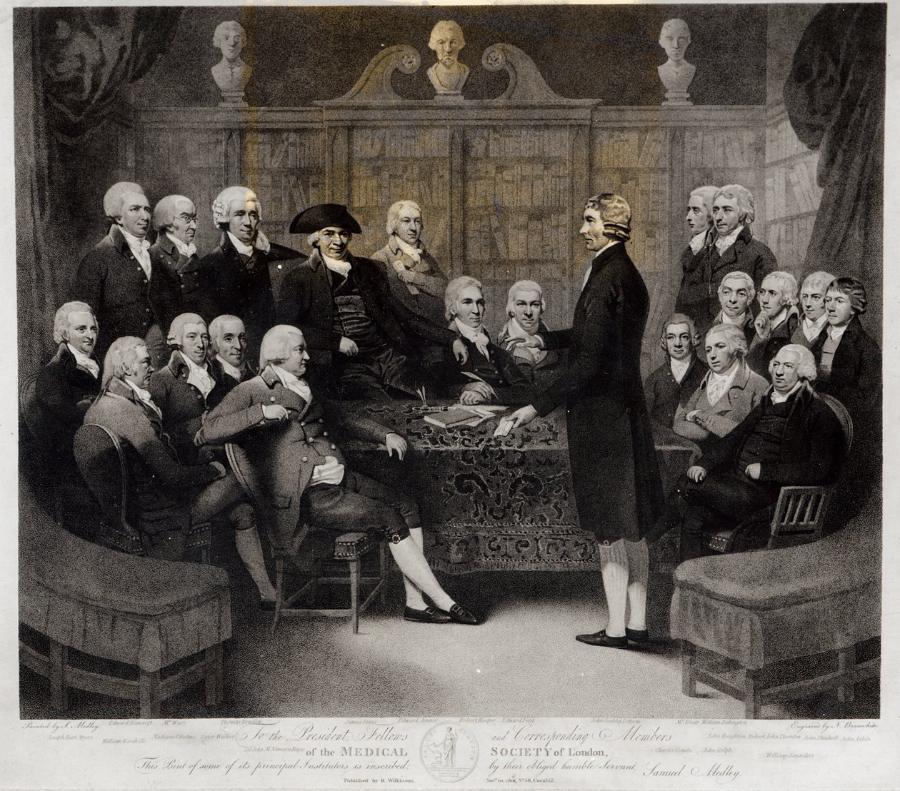 Groepsportret van de President, Fellows en Corresponding Members van de Medical Society of London, gegraveerd door Nathan Cooper Branwhite (1775-1857), gepubliceerd door R. Wilkinson, 1801 door Samuel Medley