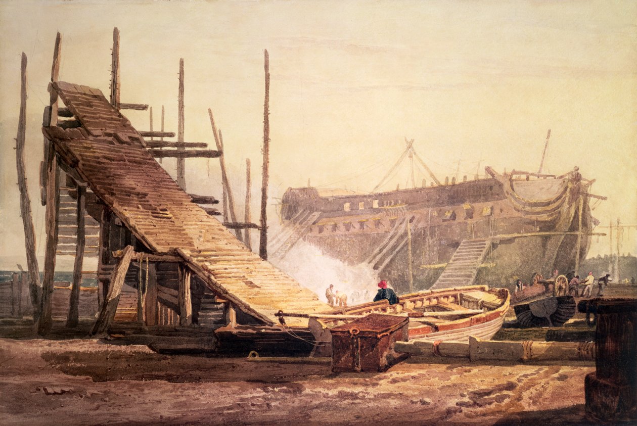 Een scheepswerf in Blackwall door Samuel Prout