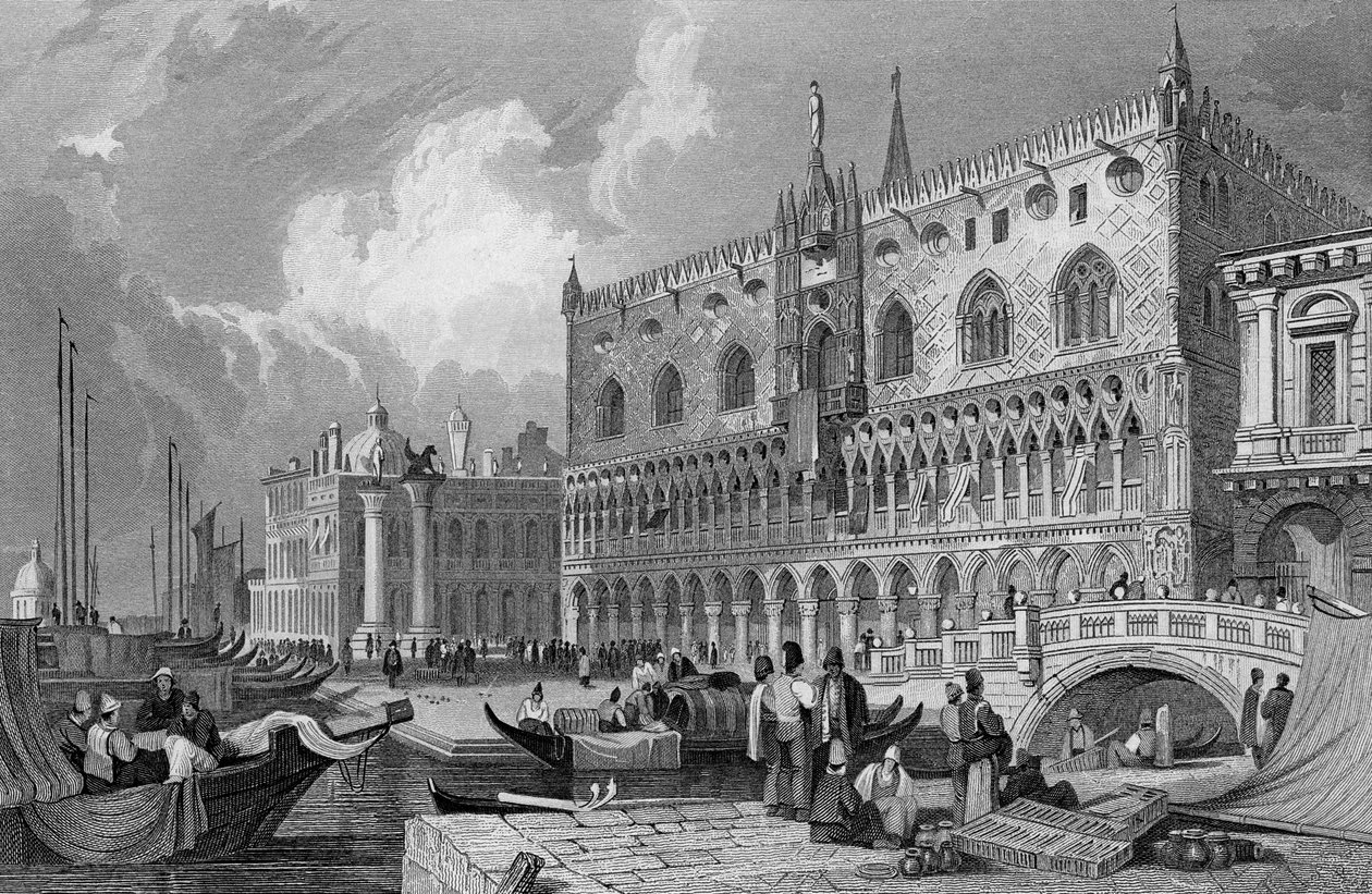 Het Grote Kanaal en het Dogepaleis, Venetië, gegraveerd door Charles Westwood, 1844 door Samuel Prout
