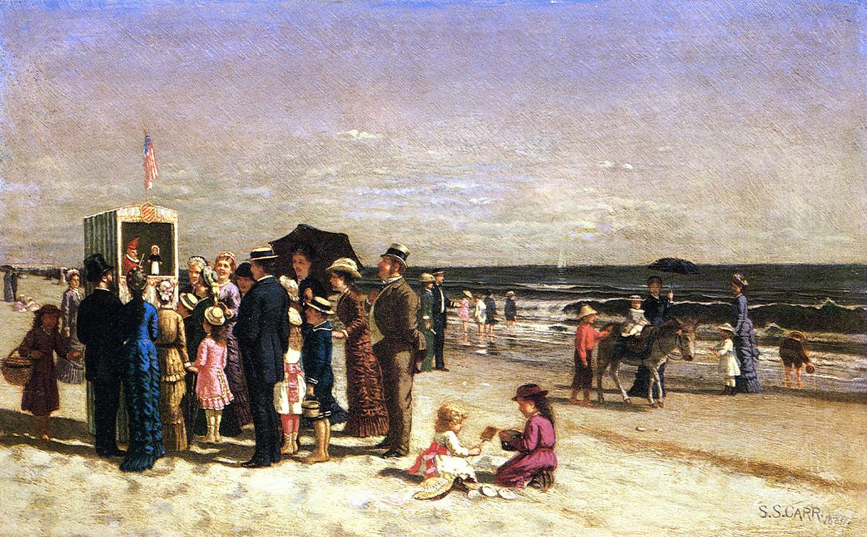 Punch en Judy op het strand, Coney Island, 1880 door Samuel S. Carr