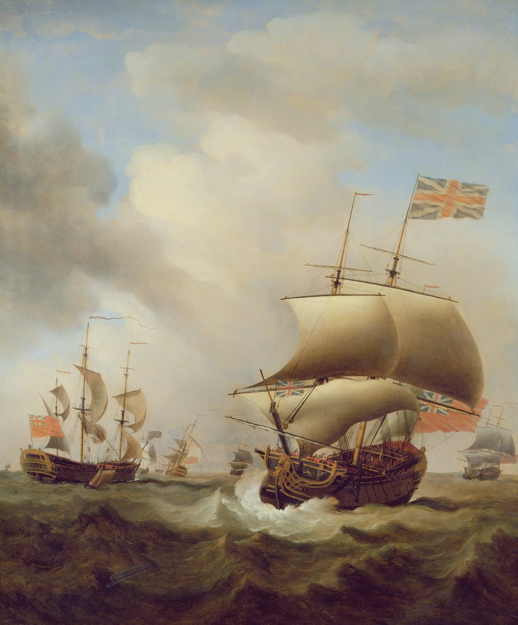 Schepen in een woelige zee, 1753 door Samuel Scott