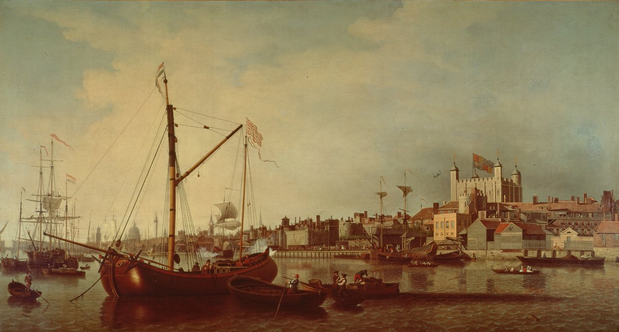 De Tower of London vanaf de Theems door Samuel Scott