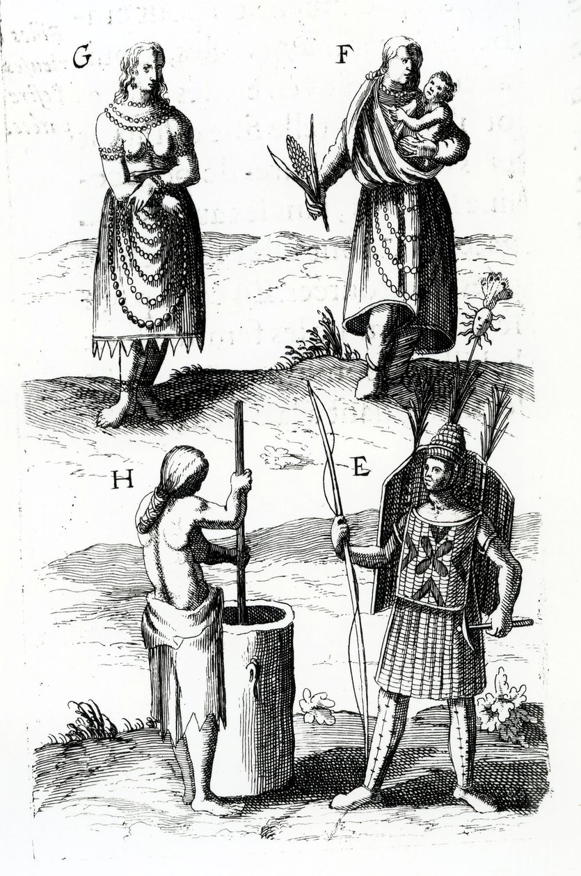 Illustraties van Algonquin-kleding, gravure uit Voyages of Sieur de Champlain door Samuel de Champlain (ca. 1574-1635), 17e eeuw door Samuel de Champlain