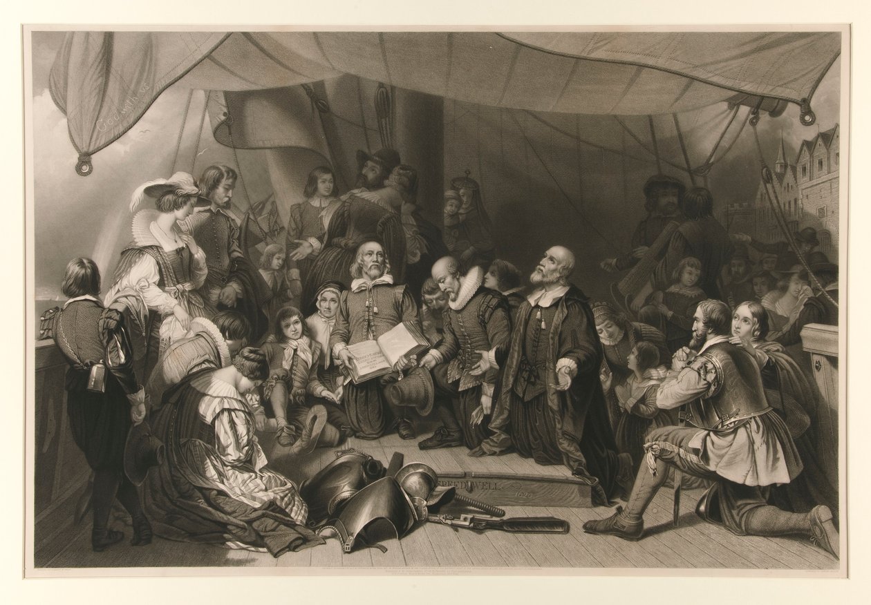 De inscheping van de pelgrims door Samuel Bellin