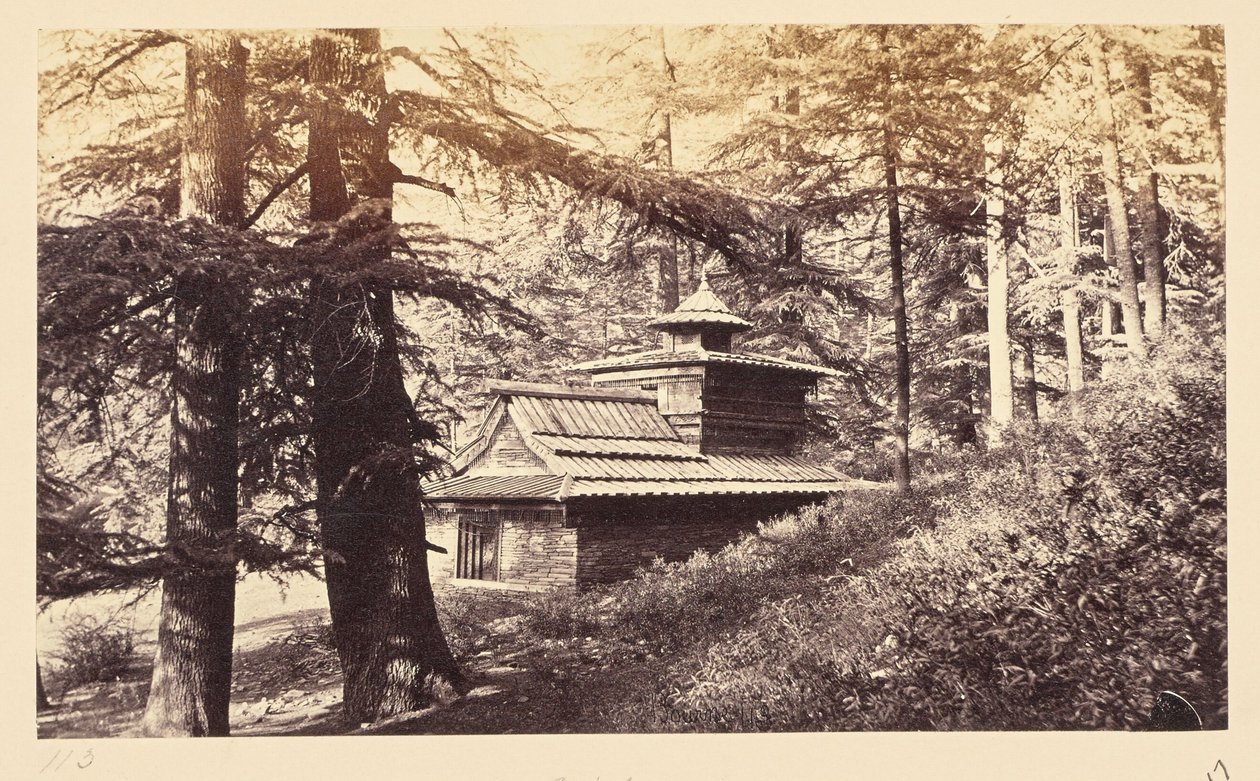 Simla; Tempel bij waterval door Samuel Bourne