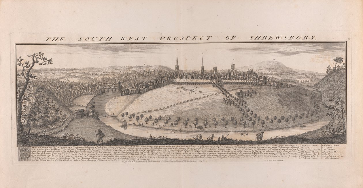 Zuidwestelijk uitzicht op Shrewsbury, Shropshire door Samuel Buck