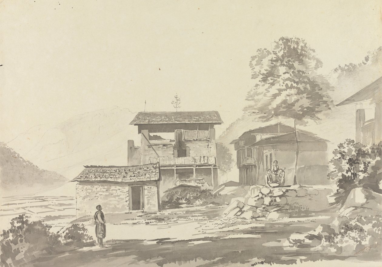 In het Dorp bij Tassisudon [Tashicho Dzong] door Samuel Davis