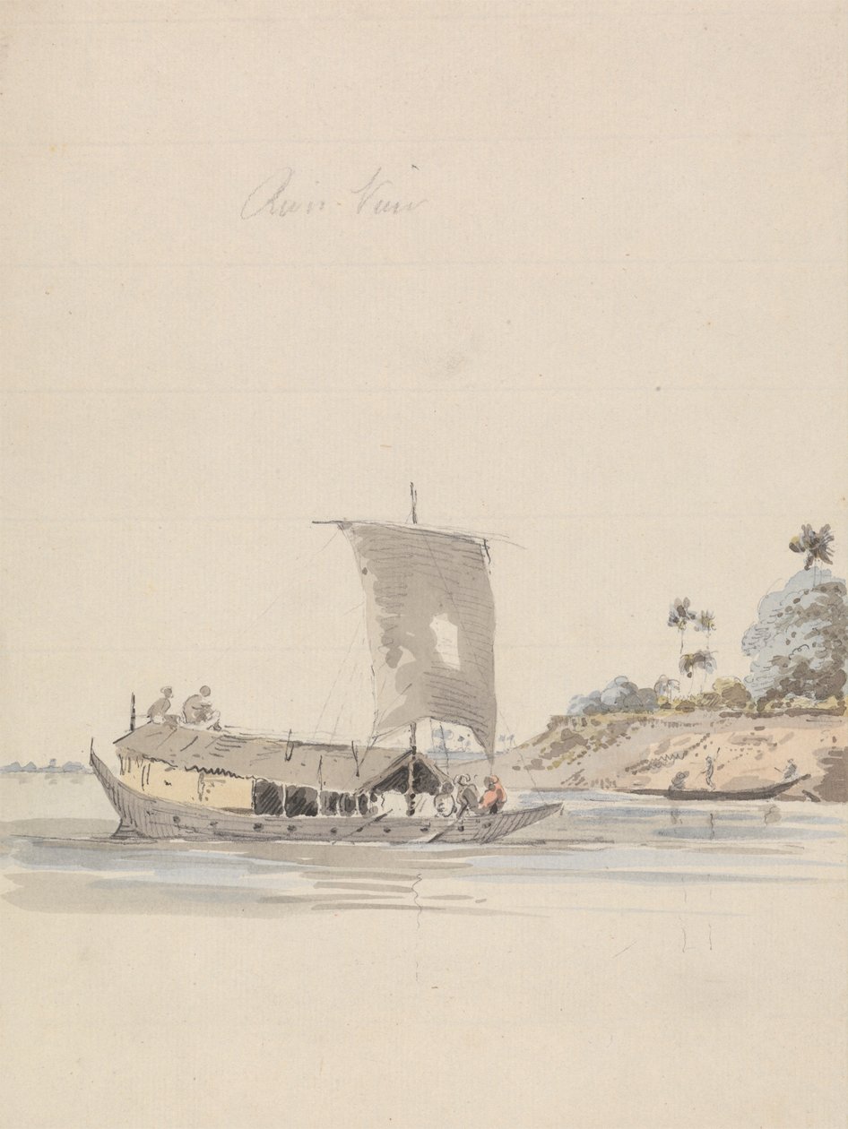 Riviergezicht met een jonk (bij Rajmahal?) door Samuel Davis