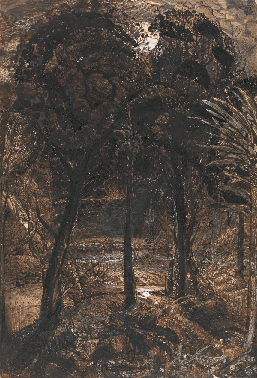 Een maanverlichte scène met een kronkelende rivier door Samuel Palmer