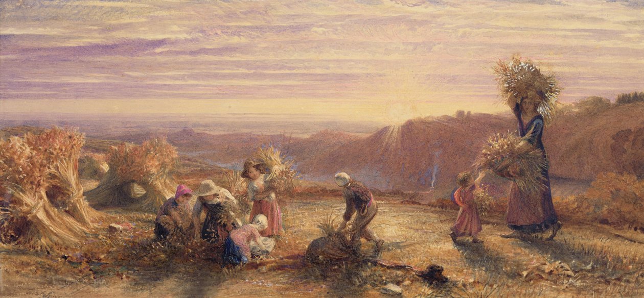 Zonsondergang over de oogstvelden door Samuel Palmer