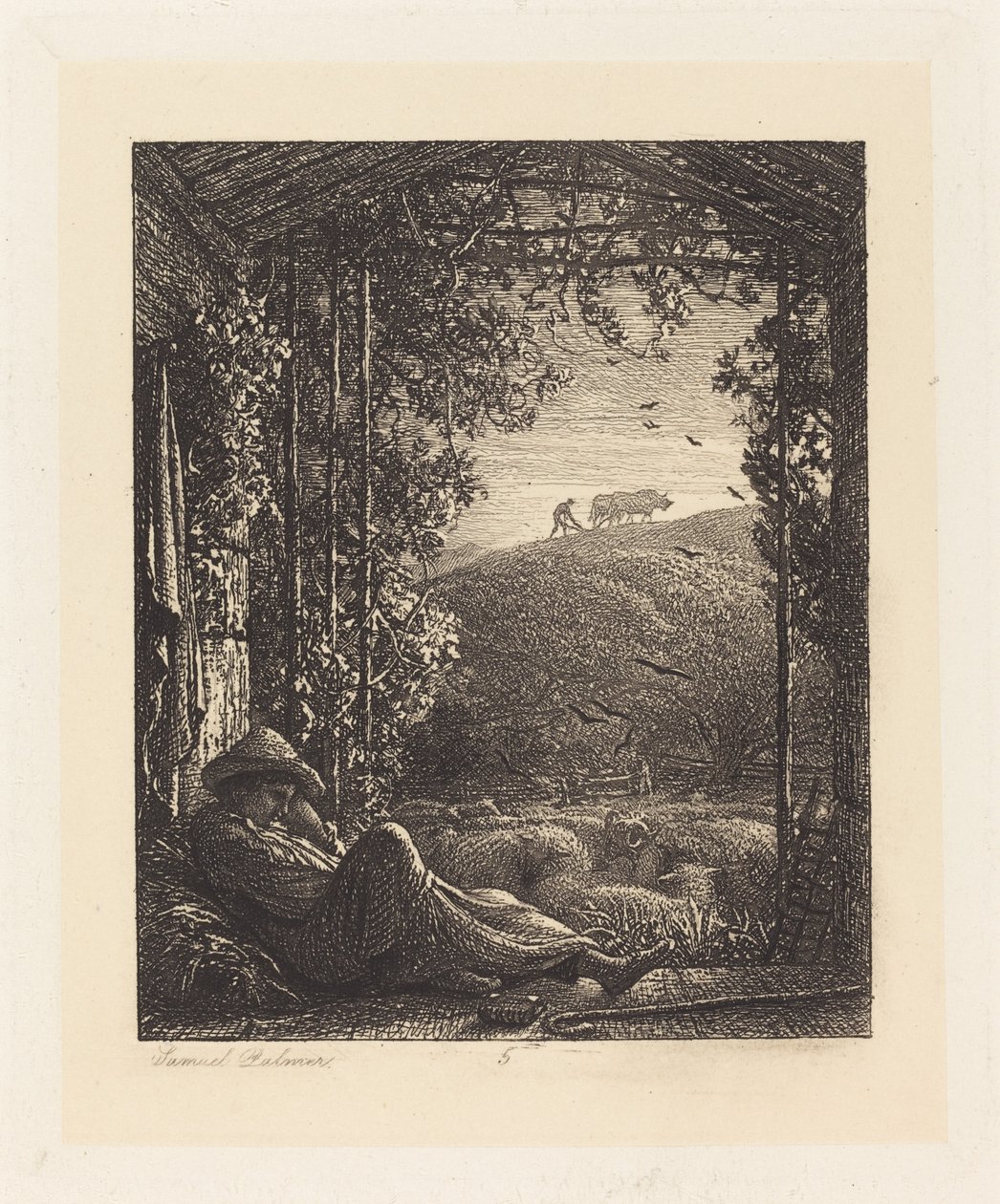 De slapende herder; Vroege ochtend door Samuel Palmer