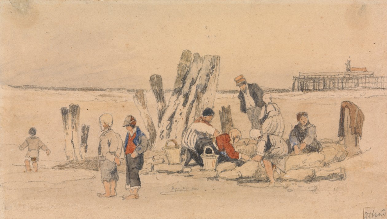 Vissersvolk op het strand, Oostende door Samuel Prout
