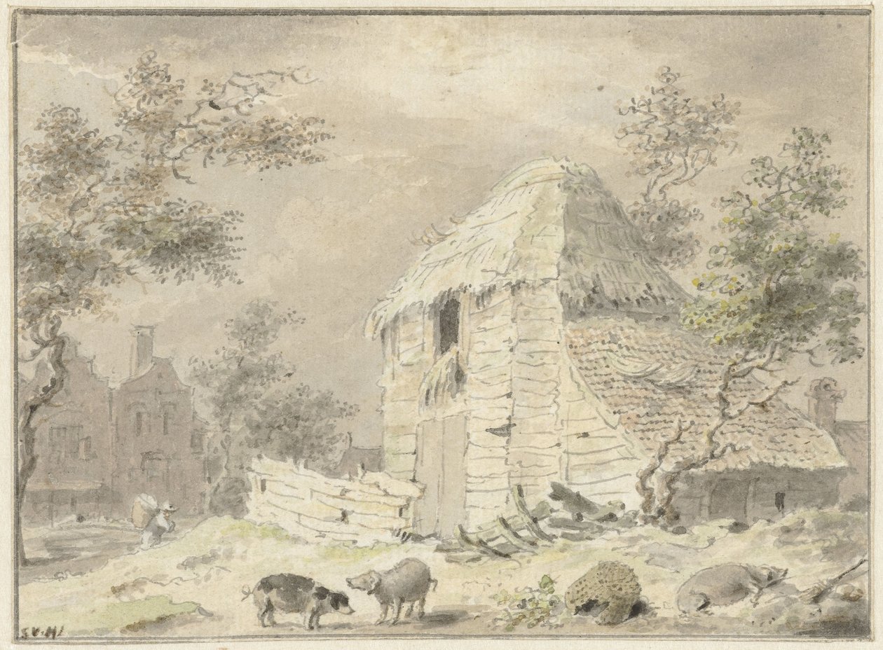 Boerenschuur met enige varkens door Samuel van Huls (possibly)