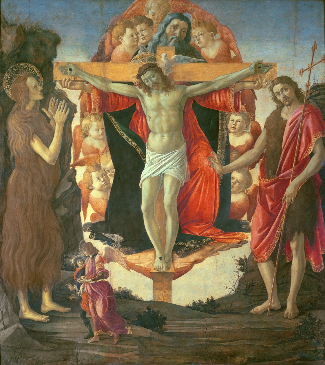 De Heilige Drie-eenheid met St. Johannes de Doper, Maria Magdalena, Tobias en de Engel, ca. 1490-95 door Sandro Botticelli