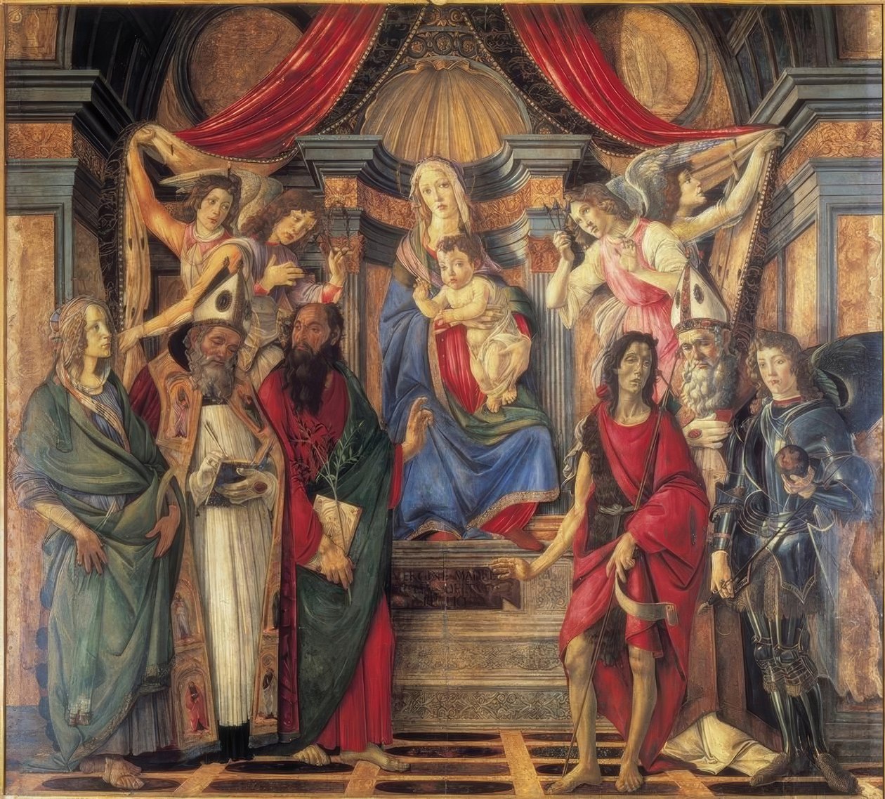 Troonende Madonna met kind, engelen en de heiligen door Sandro Botticelli