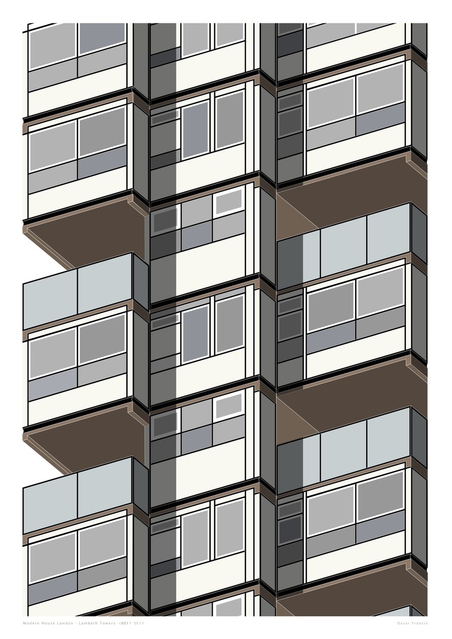 Lambeth Towers_Sepia, 2015 (grafische giclee print) door Sarah Evans