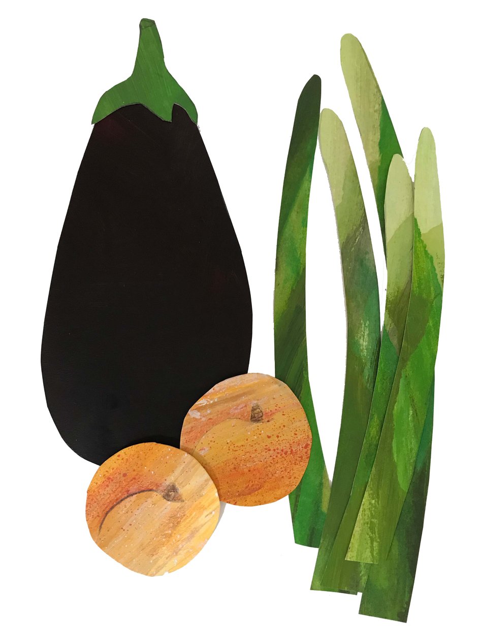 Asperges, abrikozen, aubergine door Sarah Thompson Engels