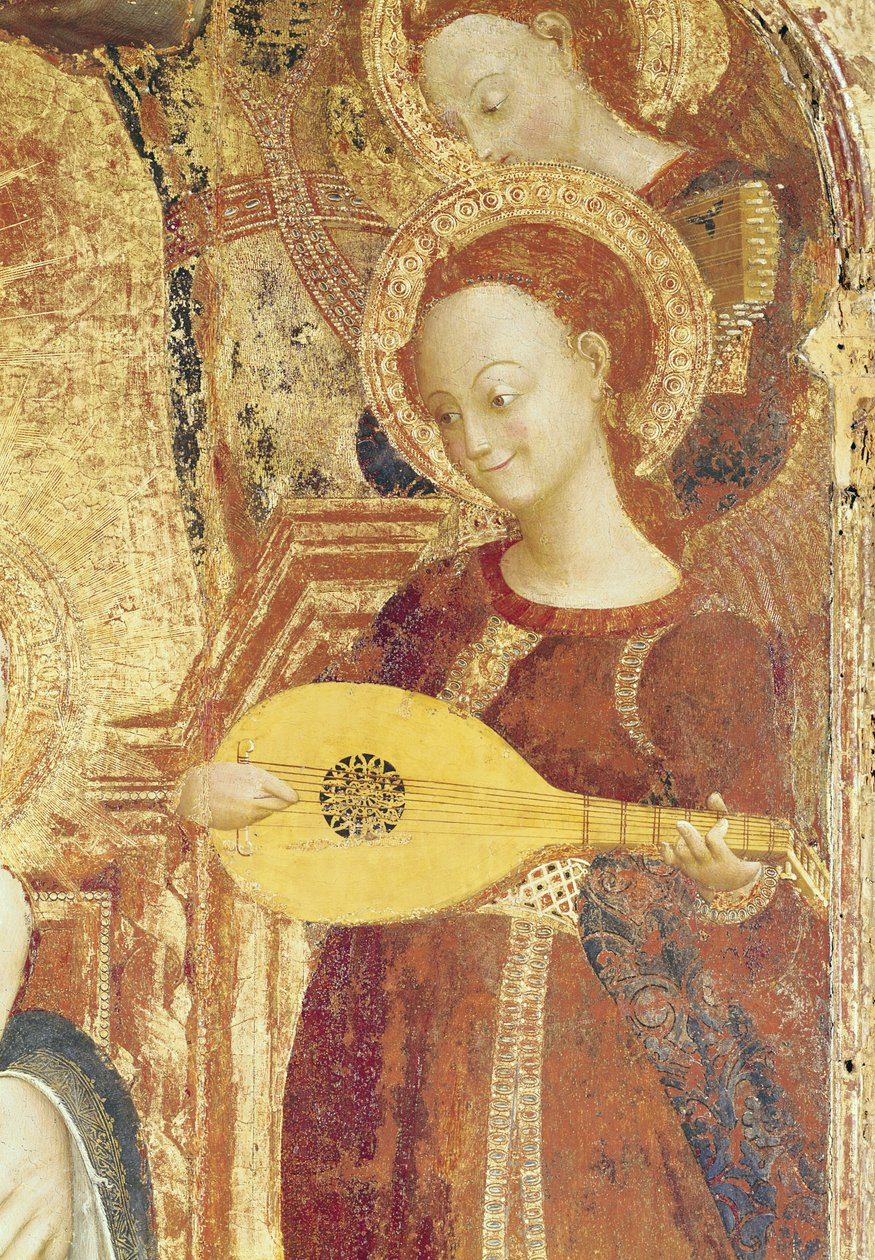 Maagd en Kind op de Troon met zes engelen, detail van een engel-muzikant, 1437-44 door Stefano Sassetta