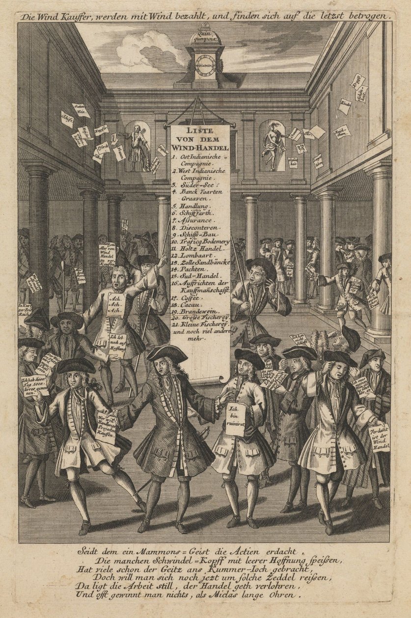 Windhandelaren die geld laten vallen..., ca. 1720 door Schmid