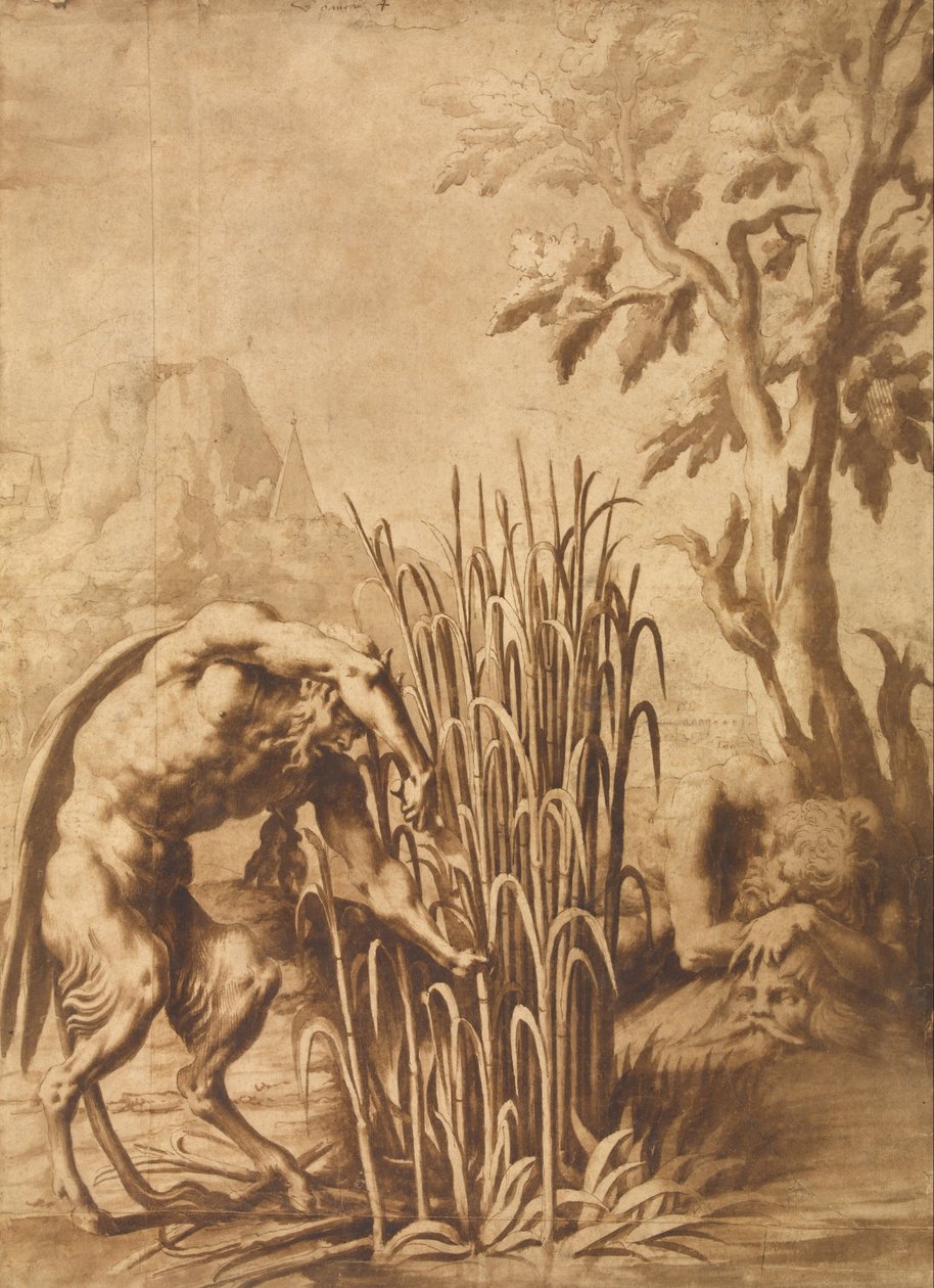 Pan snijdt het riet waarin de nimf Syrinx is veranderd door Fontainebleau School